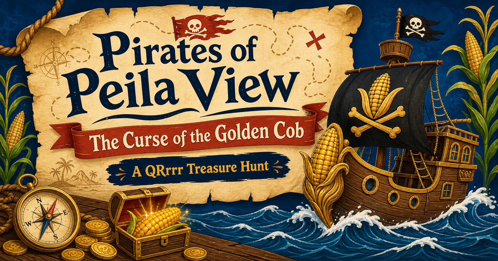 Pirates of Peila View: The Curse of the Golden Cob — A QRrrr Treasure Hunt, illustrated with a corn-sailed pirate ship, treasure chest, compass, and ocean waves.